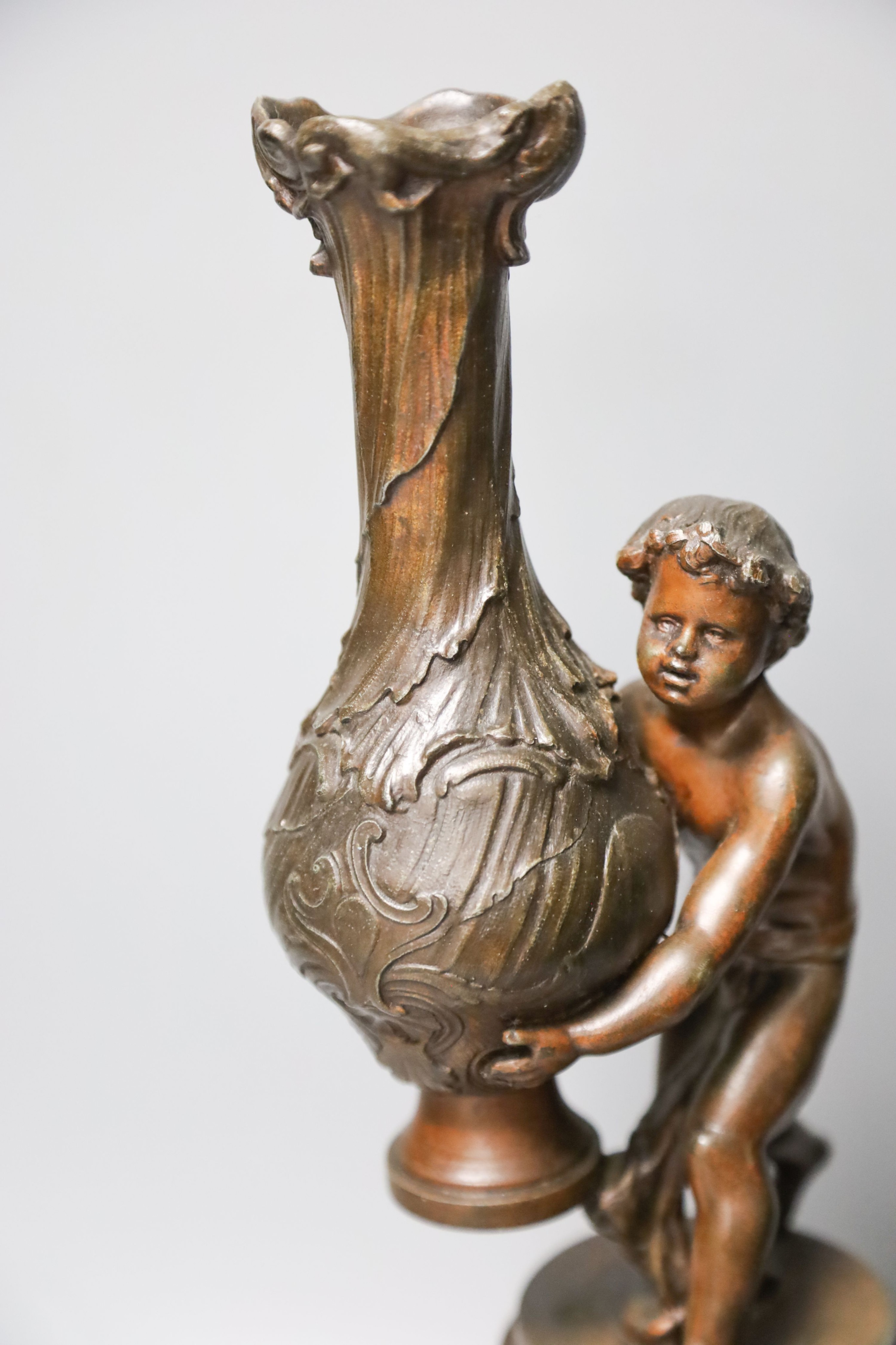 A pair of 19th century patinated spelter and marble figural lamp bases 39cm